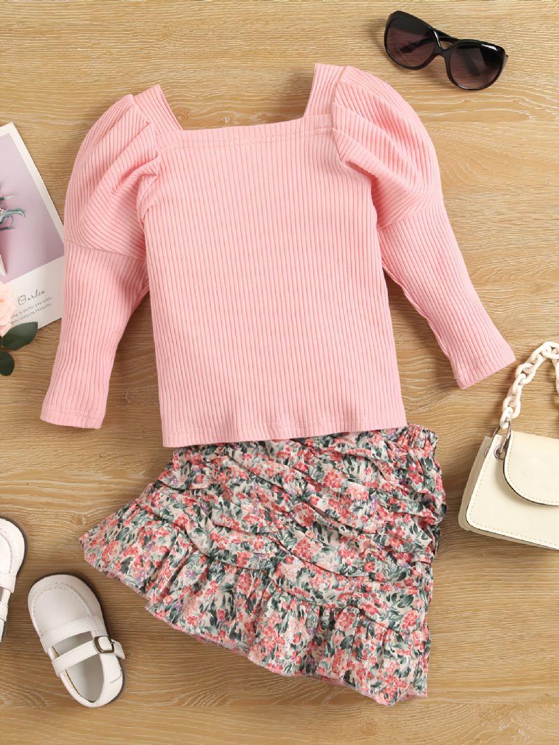 Toddler Jenter Square Neck Top & Ruched Ruffle Hem Skjørtsett