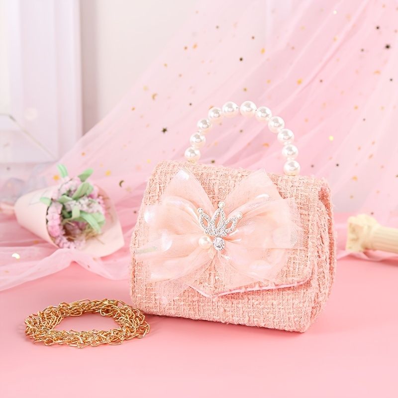 Baby Jenter Crown Bow Mesh Dekor Pearl Håndveske Crossbody Bag Princess Skulderveske Kjedeveske