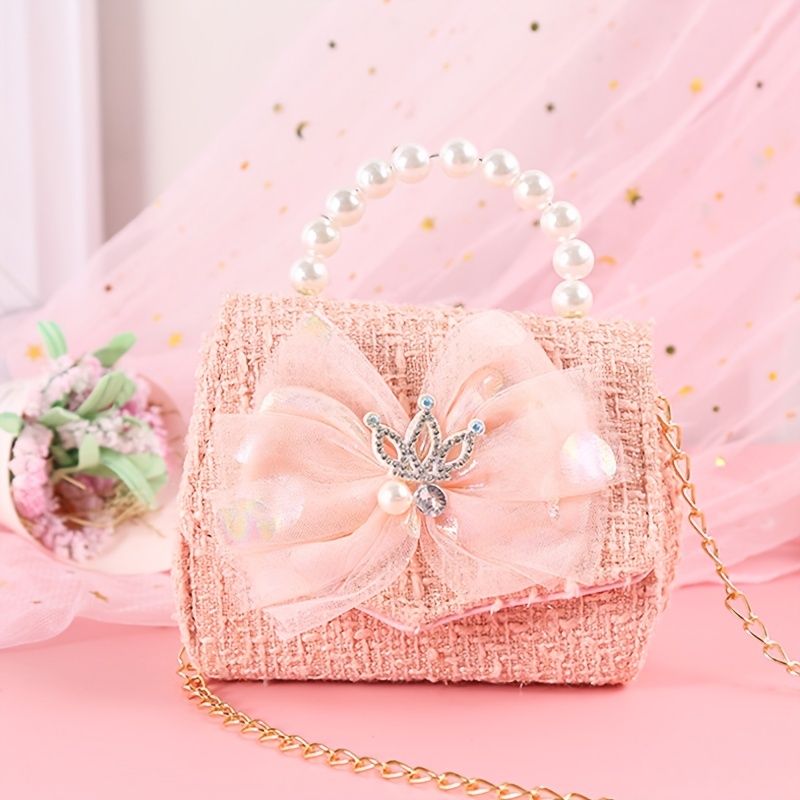 Baby Jenter Crown Bow Mesh Dekor Pearl Håndveske Crossbody Bag Princess Skulderveske Kjedeveske