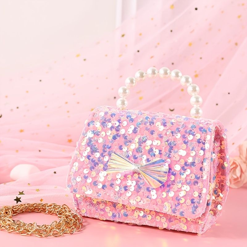 Baby Jenter Søt Sløyfe Dekor Pearl Glitter Håndveske Crossbody Bag Princess Skulderveske Kjedeveske