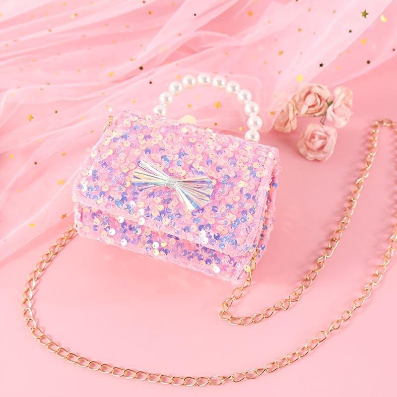 Baby Jenter Søt Sløyfe Dekor Pearl Glitter Håndveske Crossbody Bag Princess Skulderveske Kjedeveske