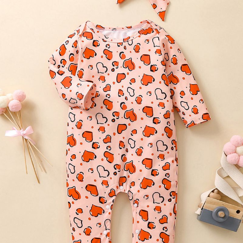 2 Stk Jenter Heart Print Langermet Jumpsuit & Hårbåndsett