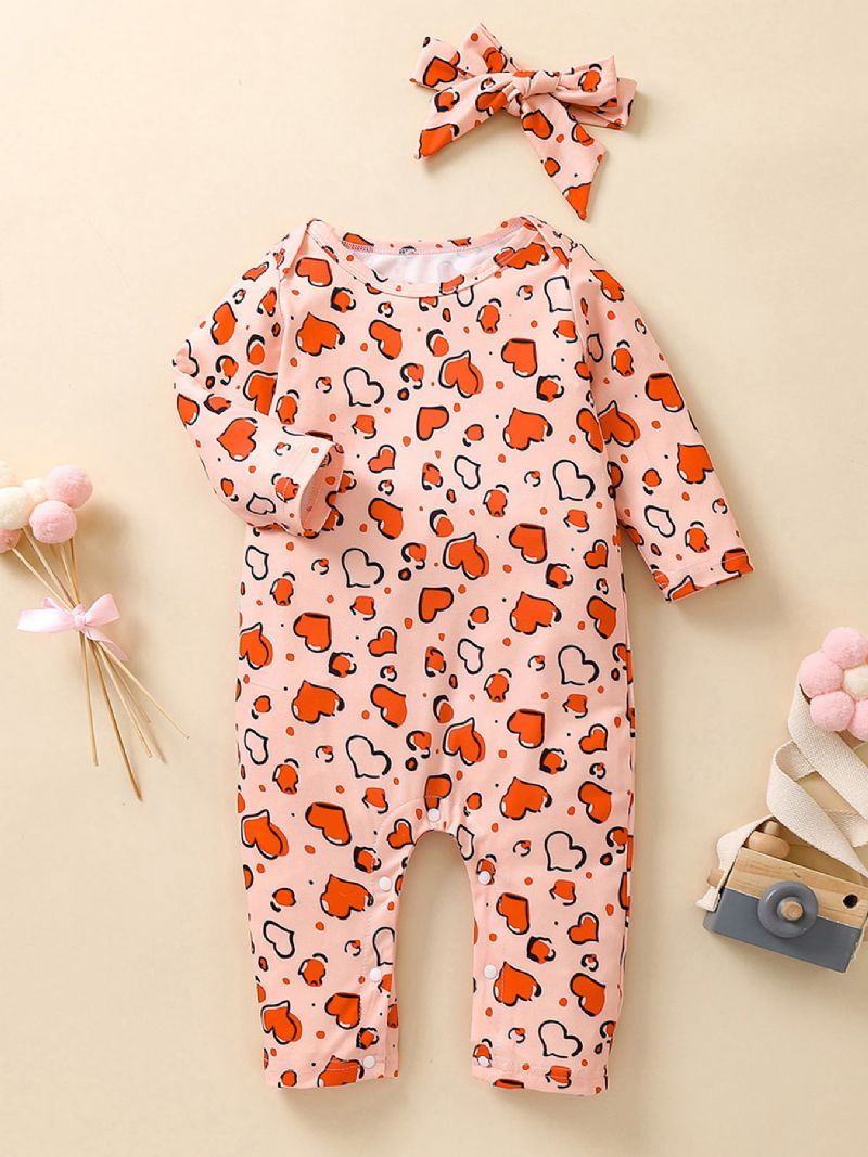 2 Stk Jenter Heart Print Langermet Jumpsuit & Hårbåndsett