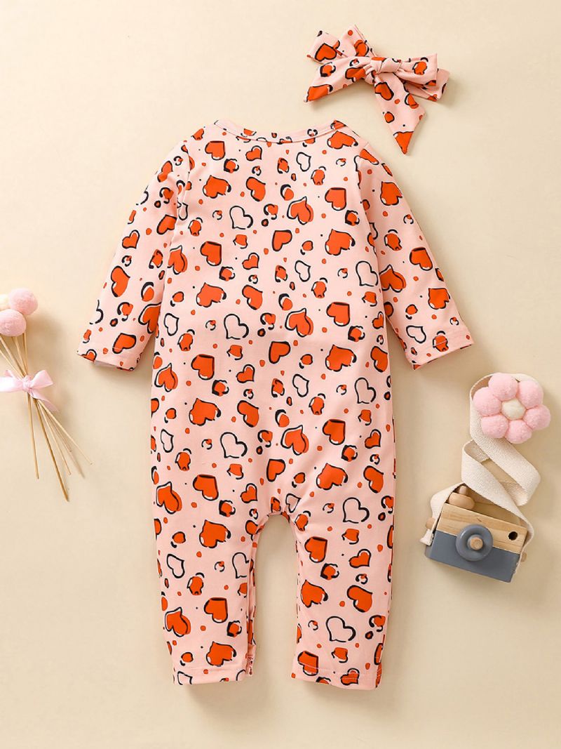 2 Stk Jenter Heart Print Langermet Jumpsuit & Hårbåndsett