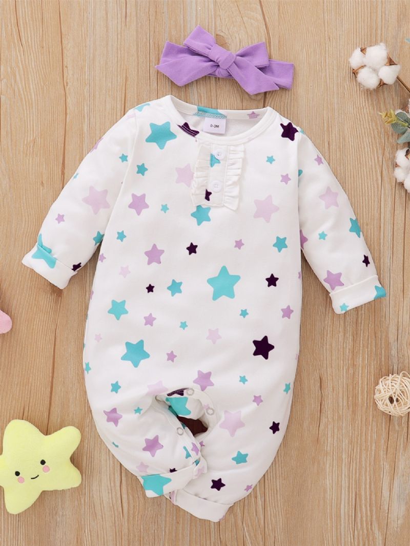 2 Stk Jenter Little Star Print Langermet Jumpsuit & Headpiece