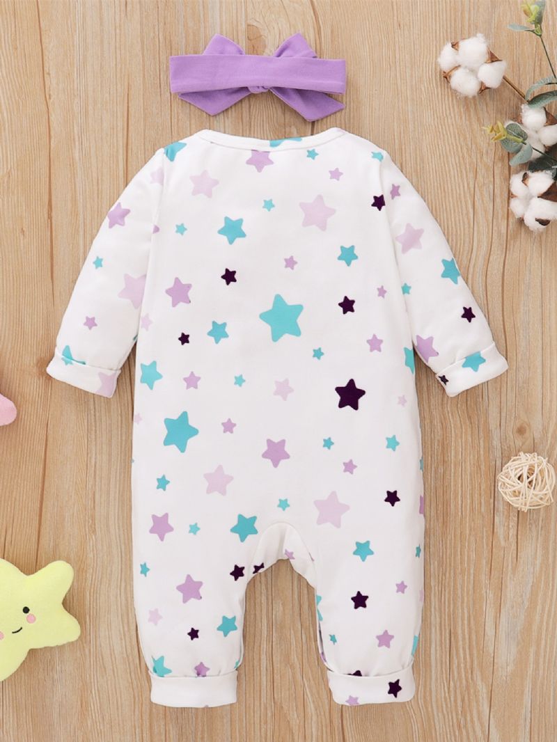 2 Stk Jenter Little Star Print Langermet Jumpsuit & Headpiece