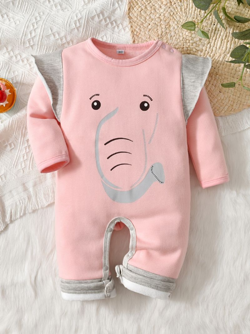 Baby Gutter Og Jenter Uformell Langermet Termisk Bukse Søt Tegneserie Elefant Print Jumpsuit For Vinter Rosa