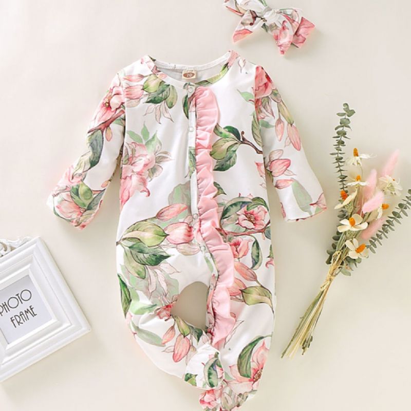 Baby Jente Lange Ermer Rund Hals Blomsterprint Jumpsuit Dekket Hem Med Hodeplagg