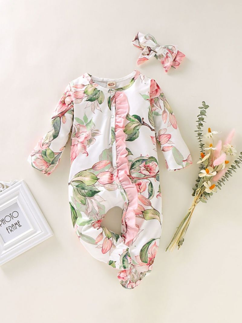 Baby Jente Lange Ermer Rund Hals Blomsterprint Jumpsuit Dekket Hem Med Hodeplagg