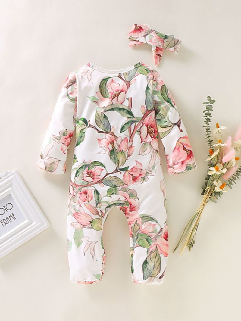 Baby Jente Lange Ermer Rund Hals Blomsterprint Jumpsuit Dekket Hem Med Hodeplagg