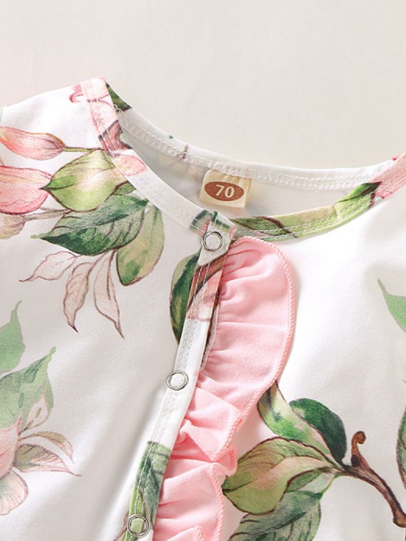 Baby Jente Lange Ermer Rund Hals Blomsterprint Jumpsuit Dekket Hem Med Hodeplagg