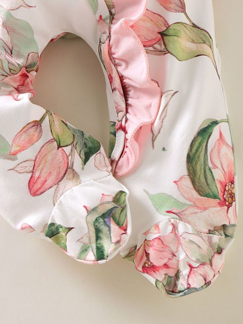 Baby Jente Lange Ermer Rund Hals Blomsterprint Jumpsuit Dekket Hem Med Hodeplagg