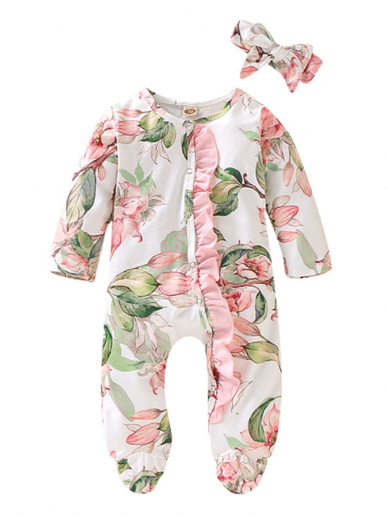 Baby Jente Lange Ermer Rund Hals Blomsterprint Jumpsuit Dekket Hem Med Hodeplagg