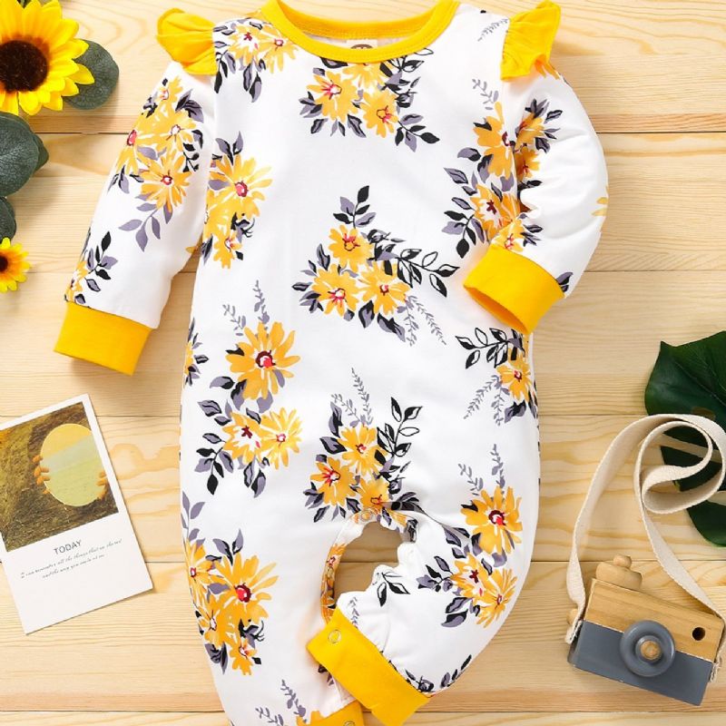 Baby Jenter Blomstertrykt Mønster Kontrast Trim Jumpsuit