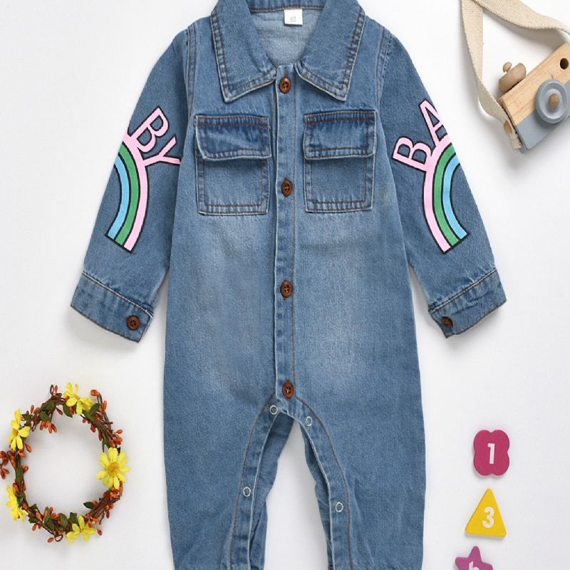 Baby Jenter Casual Søt Denim Romper Langermet Lapel Jumpsuit Med Letter Print For Winter