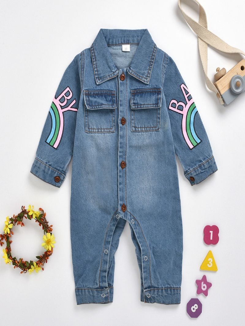 Baby Jenter Casual Søt Denim Romper Langermet Lapel Jumpsuit Med Letter Print For Winter