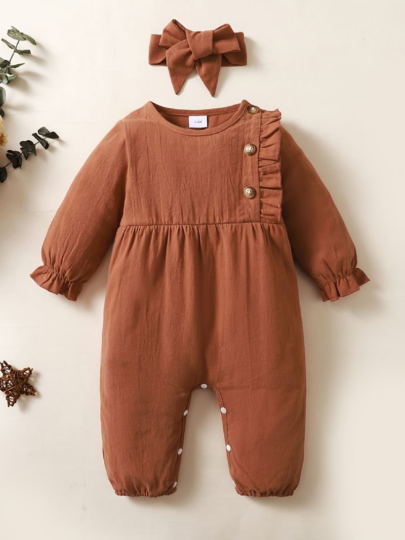 Baby Jenter Ensfarget Jumpsuit Romper Med Hårbånd