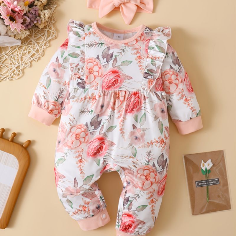 Baby Jenter Floral Print Langermet Jumpsuit Casual Søt Fleece For Vinter