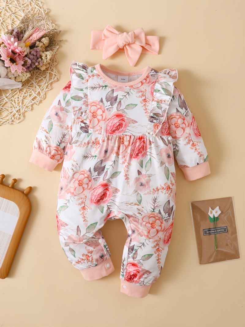 Baby Jenter Floral Print Langermet Jumpsuit Casual Søt Fleece For Vinter