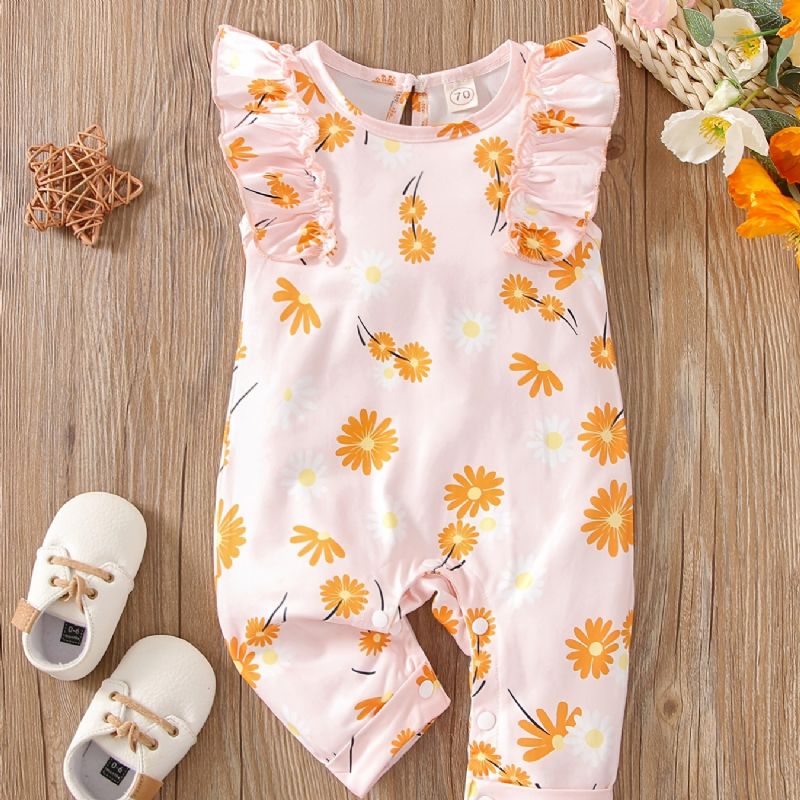 Baby Jenter Flying Sleeve Flower Print Romper Casual Crew Neck Jumpsuit