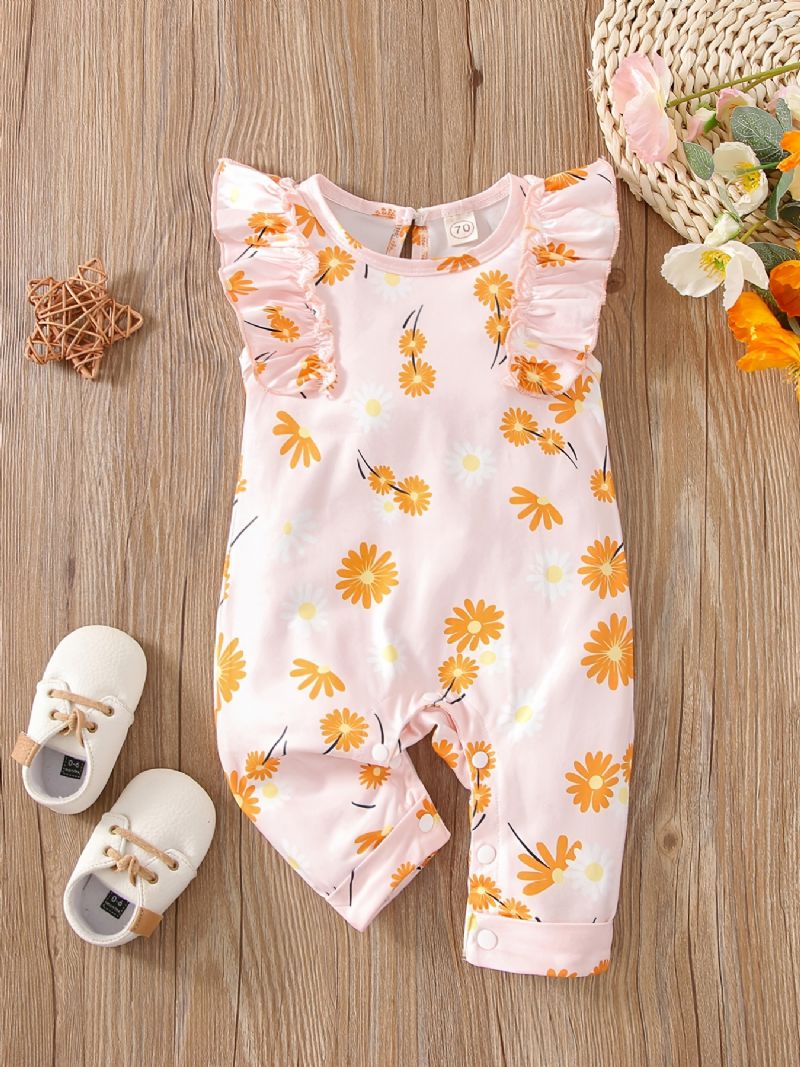 Baby Jenter Flying Sleeve Flower Print Romper Casual Crew Neck Jumpsuit