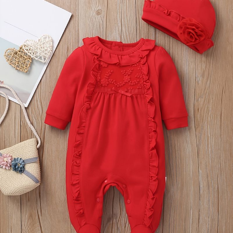 Baby Jenter Footies Ruffle Crew Neck Jumpsuit & Hat Set Rompers Til Jul