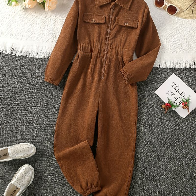 Baby Jenter Gutter Corduroy Jumpsuit Glideslag Lapel Ensfarget Langermet Barneklær