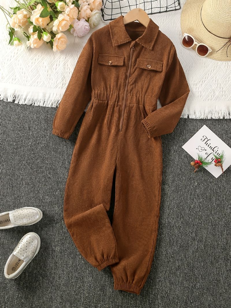 Baby Jenter Gutter Corduroy Jumpsuit Glideslag Lapel Ensfarget Langermet Barneklær