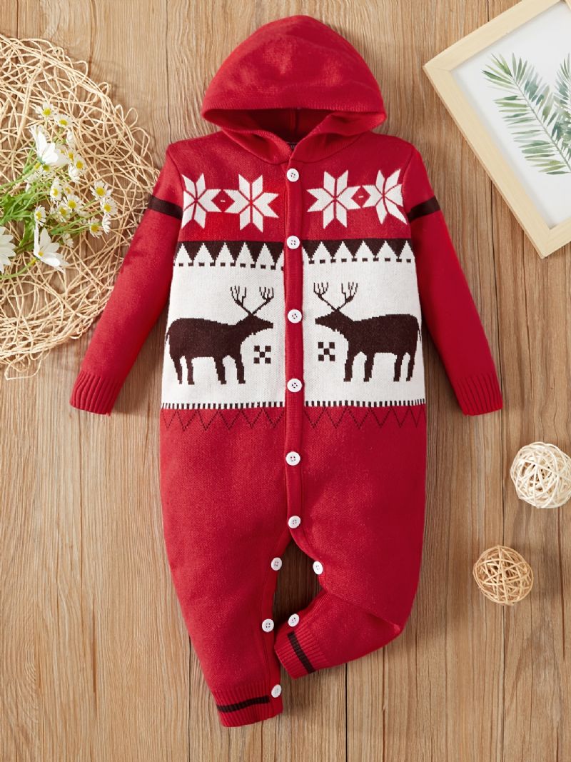 Baby Jenter Gutter Hette Strikk Jumpsuit Thermal Onesie Med Elg Mønster For Winter Christmas