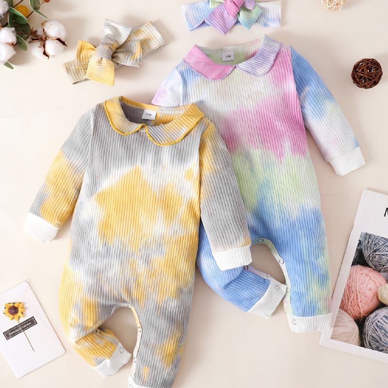 Baby Jenter Jumpsuits Langermet Tie Dye Rompers & Sløyfe Pannebånd Sett