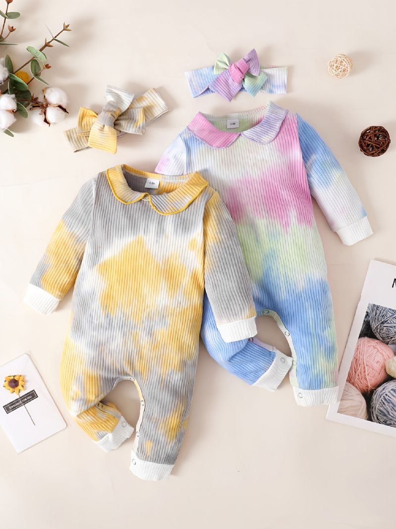 Baby Jenter Jumpsuits Langermet Tie Dye Rompers & Sløyfe Pannebånd Sett