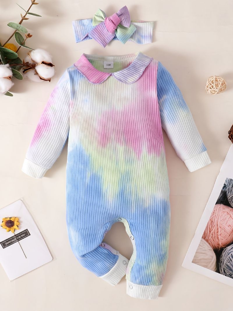 Baby Jenter Jumpsuits Langermet Tie Dye Rompers & Sløyfe Pannebånd Sett