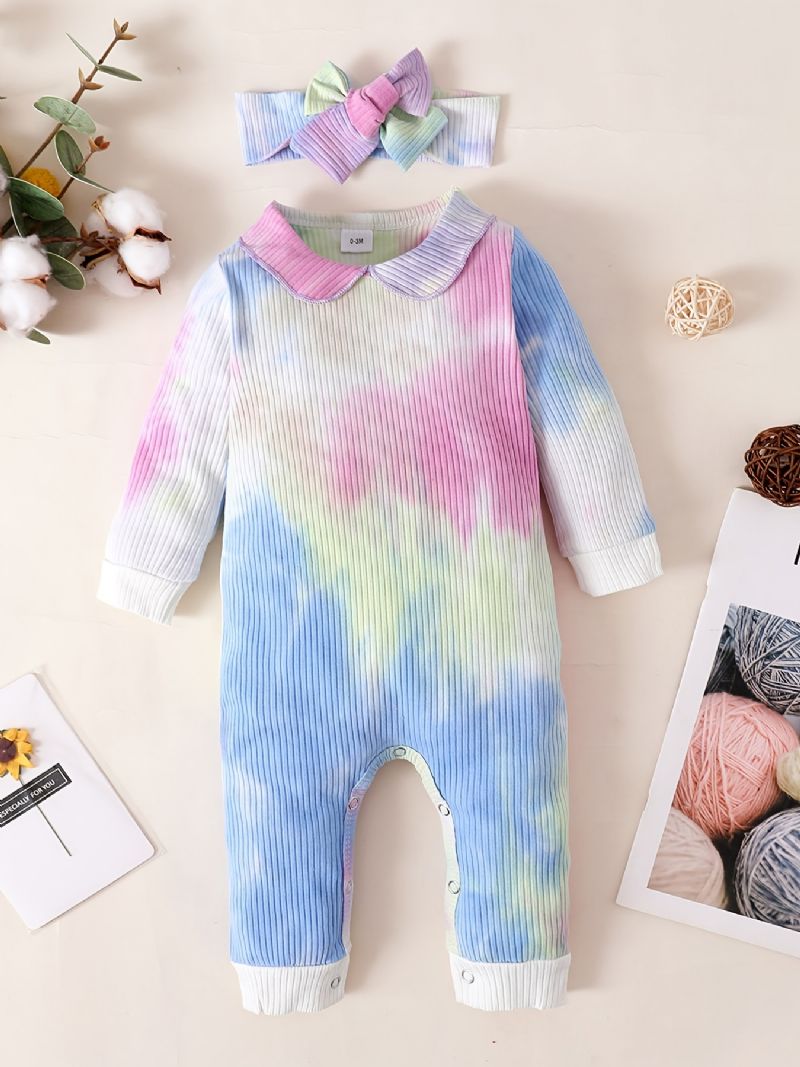 Baby Jenter Jumpsuits Langermet Tie Dye Rompers & Sløyfe Pannebånd Sett