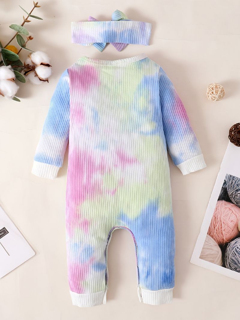 Baby Jenter Jumpsuits Langermet Tie Dye Rompers & Sløyfe Pannebånd Sett