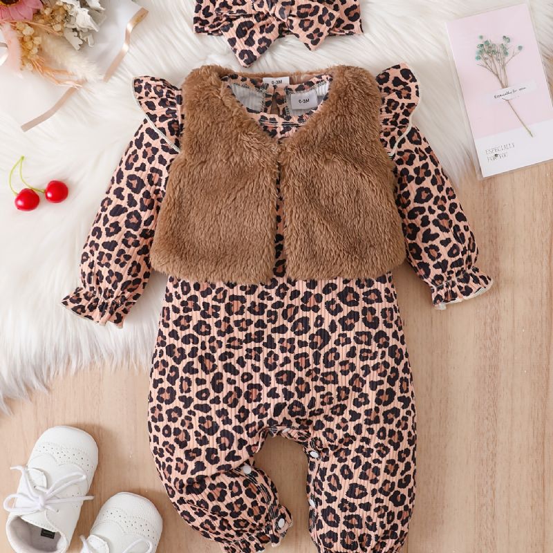 Baby Jenter Lange Armer Leopard Print Jumpsuits Med Patchwork Vest Og Pannebånd Sett