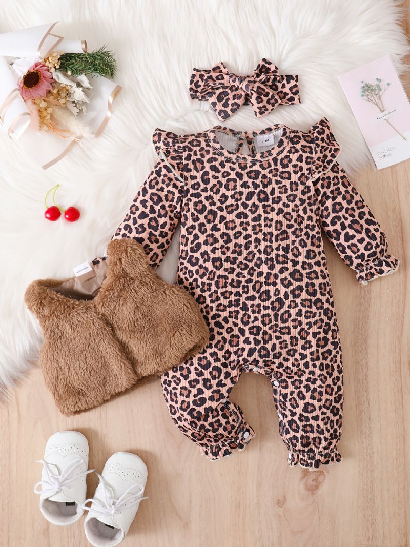 Baby Jenter Lange Armer Leopard Print Jumpsuits Med Patchwork Vest Og Pannebånd Sett