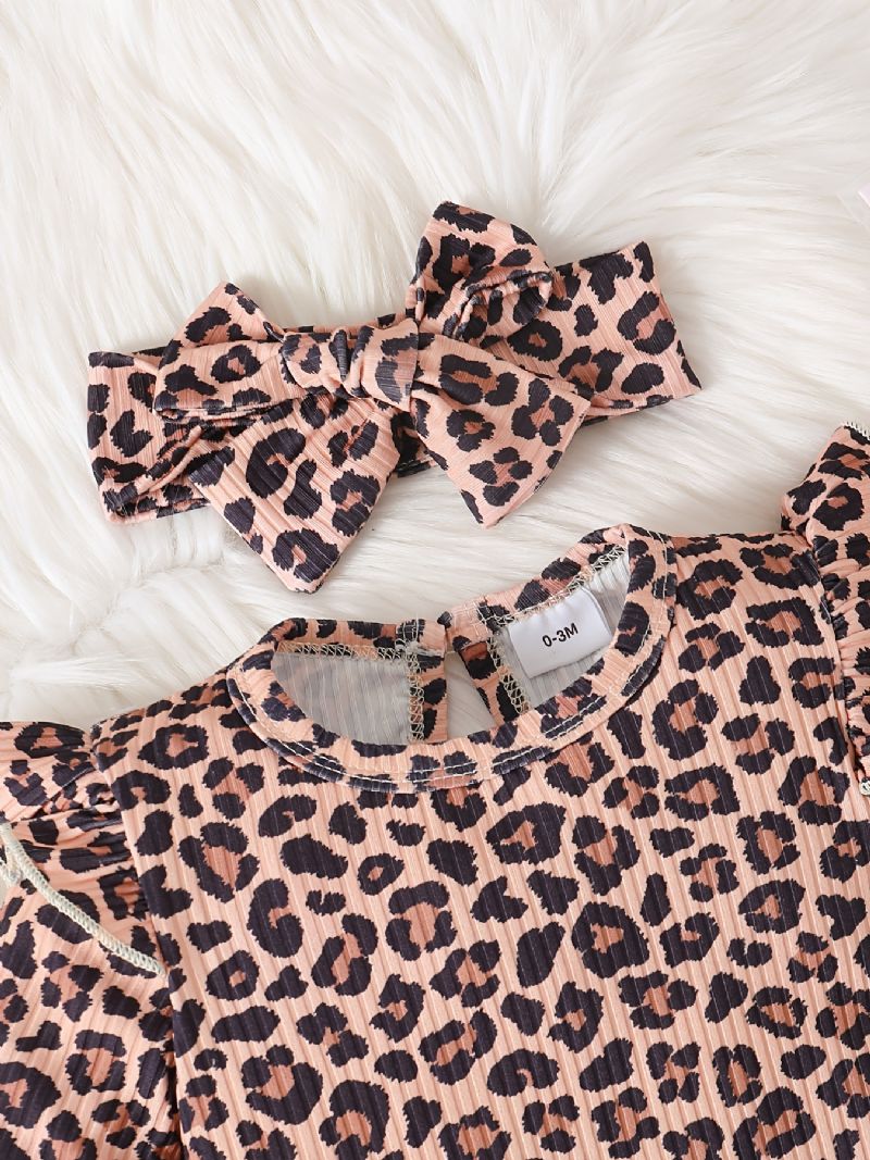 Baby Jenter Lange Armer Leopard Print Jumpsuits Med Patchwork Vest Og Pannebånd Sett