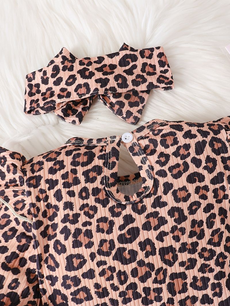 Baby Jenter Lange Armer Leopard Print Jumpsuits Med Patchwork Vest Og Pannebånd Sett