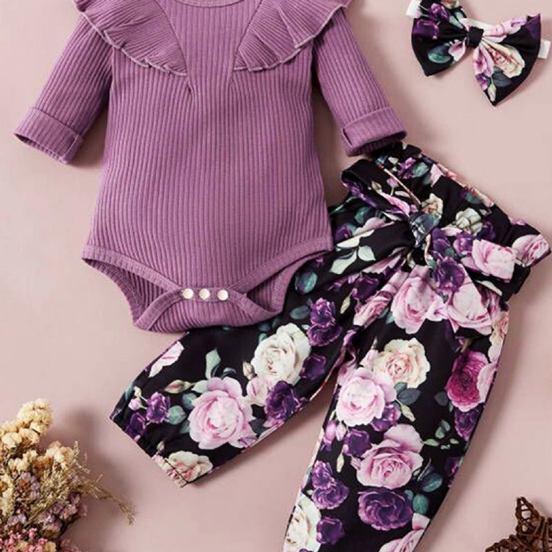 Baby Jenter Langermet Bukse + Blomstermønster + Pannebåndsett Babyklær Antrekk Bodysuit Onesie Jumpsuit