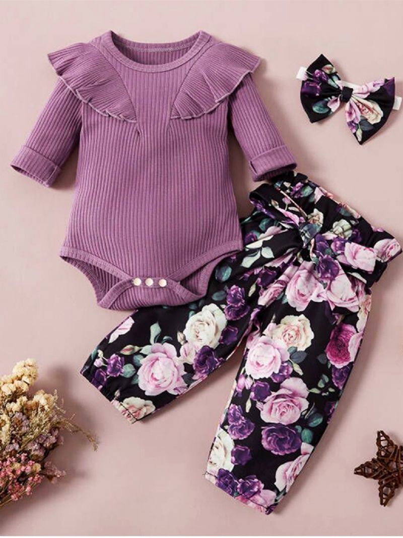 Baby Jenter Langermet Bukse + Blomstermønster + Pannebåndsett Babyklær Antrekk Bodysuit Onesie Jumpsuit