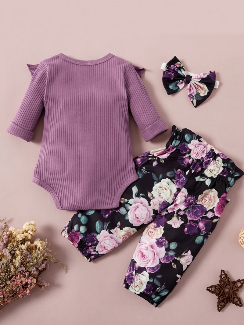 Baby Jenter Langermet Bukse + Blomstermønster + Pannebåndsett Babyklær Antrekk Bodysuit Onesie Jumpsuit