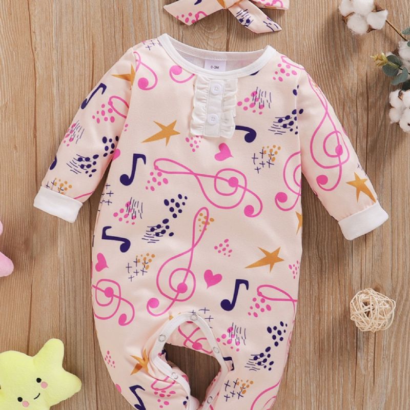 Baby Jenter Note Full Print Langermet Jumpsuit + Hodeskjerf