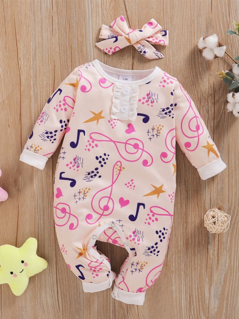 Baby Jenter Note Full Print Langermet Jumpsuit + Hodeskjerf