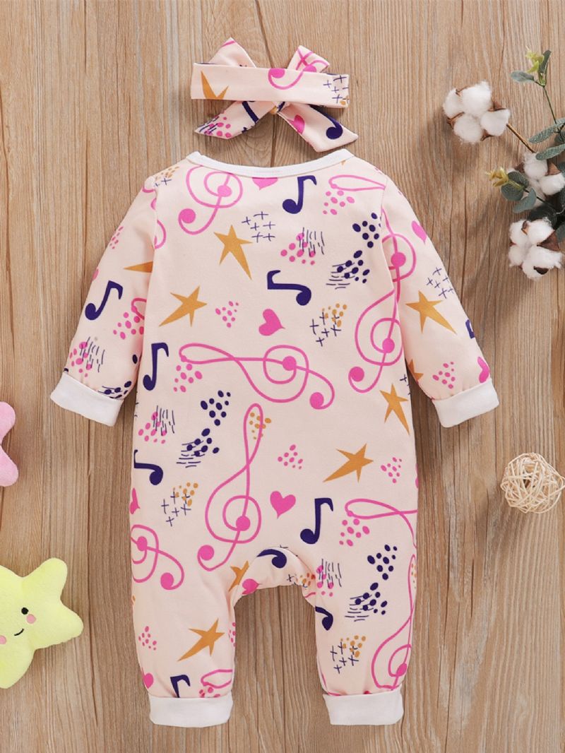 Baby Jenter Note Full Print Langermet Jumpsuit + Hodeskjerf