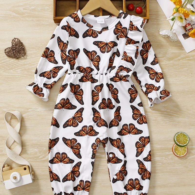 Baby Jenter Romper Butterfly Print Ruffle Langermet Jumpsuit Barneklær