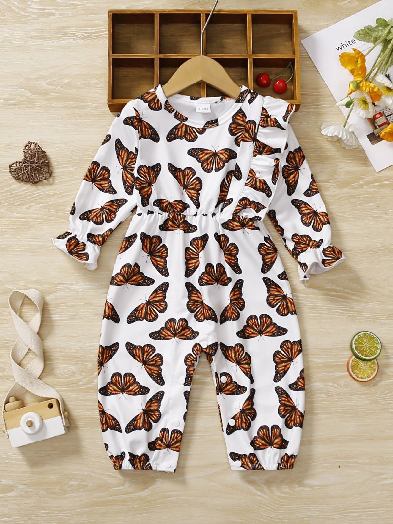 Baby Jenter Romper Butterfly Print Ruffle Langermet Jumpsuit Barneklær