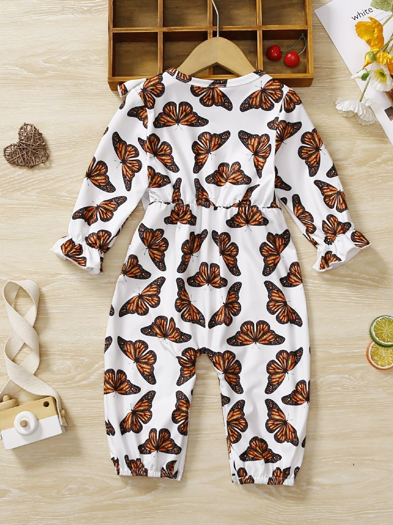 Baby Jenter Romper Butterfly Print Ruffle Langermet Jumpsuit Barneklær