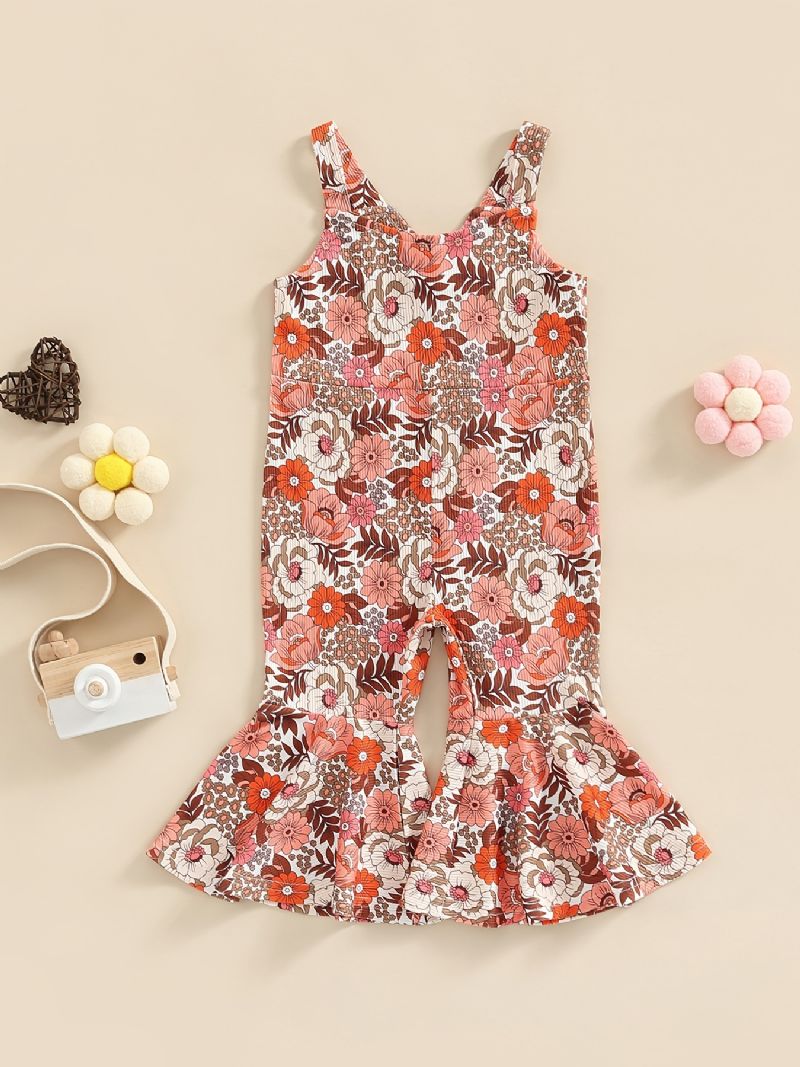 Baby Jenter Romper Flower Print Overalls Ermeløs Suspender Flare Leg Bukser Jumpsuit Barneklær