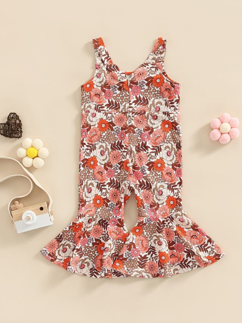 Baby Jenter Romper Flower Print Overalls Ermeløs Suspender Flare Leg Bukser Jumpsuit Barneklær