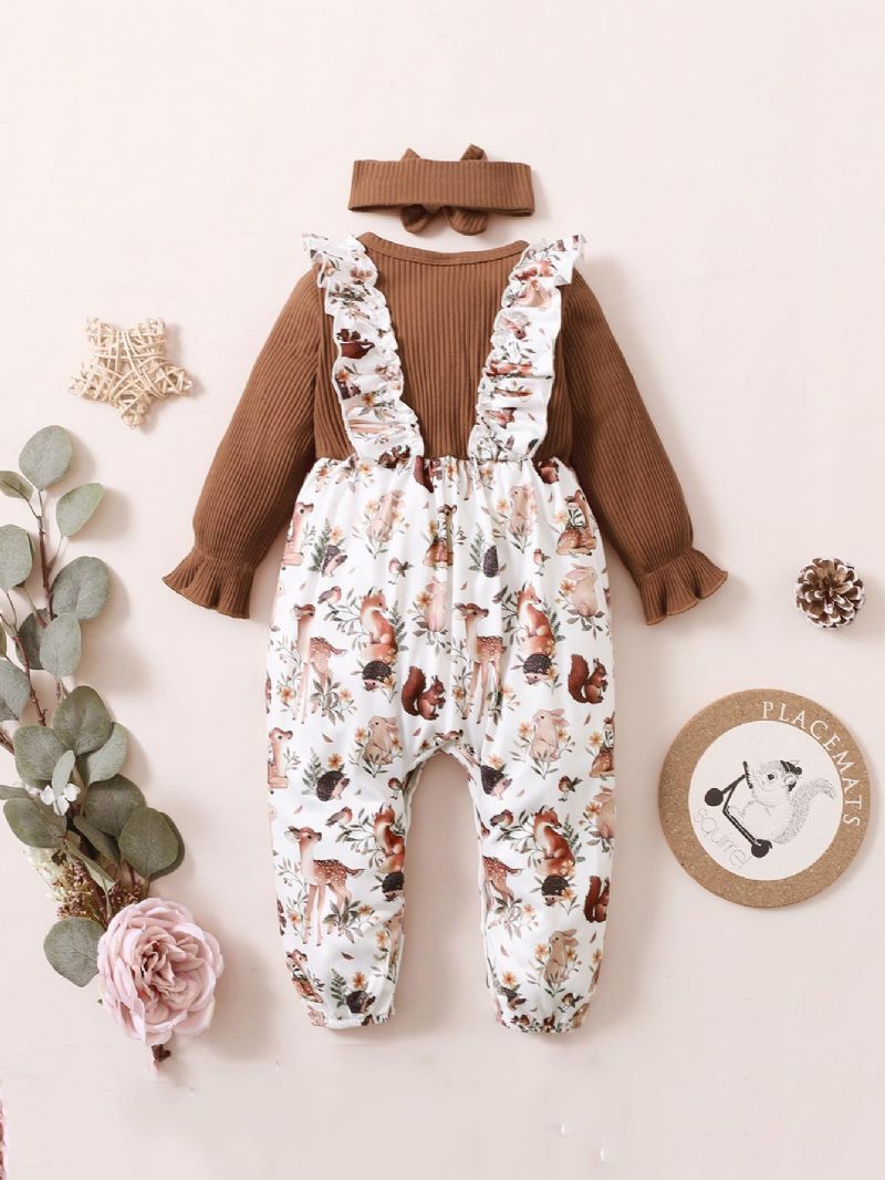 Baby Jenter Romper Langermet Animal Print Jumpsuit & Pannebånd